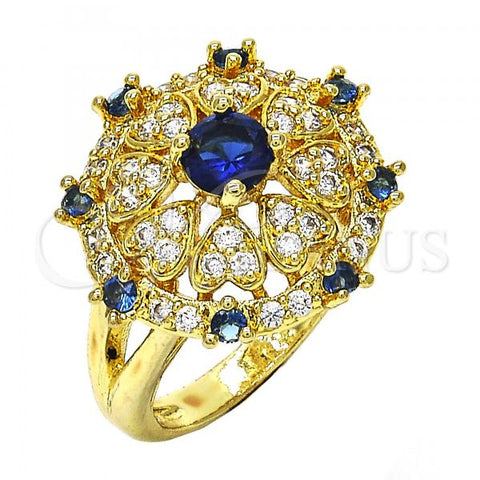 Oro Laminado Multi Stone Ring, Gold Filled Style Heart Design, with Sapphire Blue and White Cubic Zirconia, Polished, Golden Finish, 01.266.0022.07 (Size 7)
