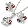 Rhodium Plated Earring and Pendant Adult Set, Flower Design, with Garnet and White Cubic Zirconia, Polished, Rhodium Finish, 10.106.0020.3