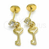 Oro Laminado Stud Earring, Gold Filled Style key Design, with Cubic Zirconia, Polished, Golden Finish, 02.09.0165