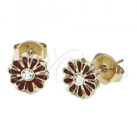 Oro Laminado Stud Earring, Gold Filled Style Flower Design, with White Crystal, Red Enamel Finish, Golden Finish, 02.64.0224 *PROMO*