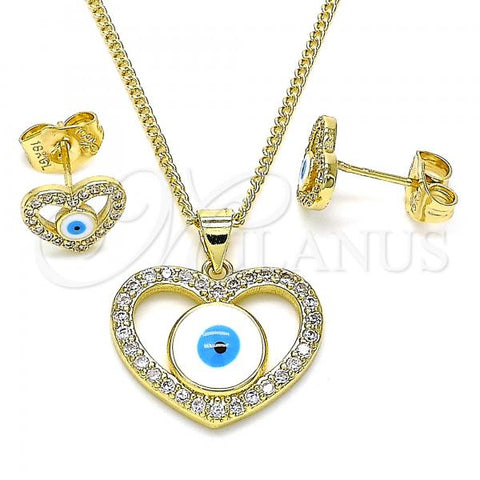 Oro Laminado Earring and Pendant Adult Set, Gold Filled Style Evil Eye and Heart Design, with White Micro Pave, White Enamel Finish, Golden Finish, 10.156.0384