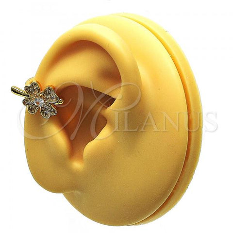 Oro Laminado Earcuff Earring, Gold Filled Style Four-leaf Clover Design, with White Micro Pave, Polished, Golden Finish, 02.210.0694