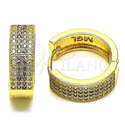 Oro Laminado Huggie Hoop, Gold Filled Style with Amethyst and White Micro Pave, Polished, Golden Finish, 02.195.0072.4.20