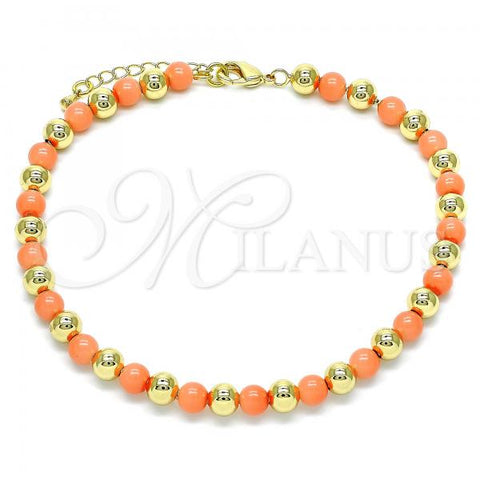 Oro Laminado Fancy Anklet, Gold Filled Style Ball Design, with Pink Pearl, Polished, Golden Finish, 03.63.2228.2.10