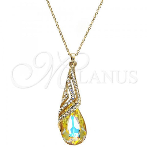 Oro Laminado Pendant Necklace, Gold Filled Style Teardrop and Rolo Design, with Luminous Green and Aurore Boreale Swarovski Crystals, Polished, Golden Finish, 04.239.0037.6.16