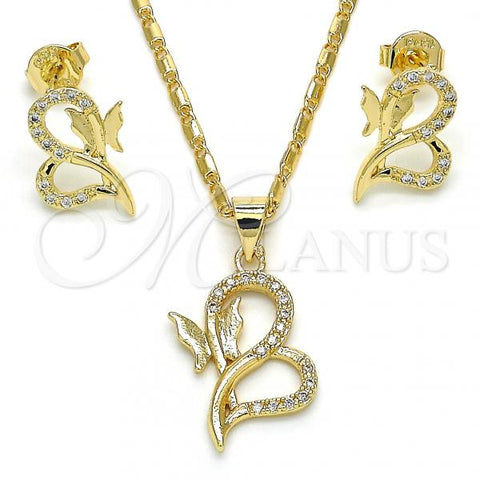 Oro Laminado Earring and Pendant Adult Set, Gold Filled Style Heart and Butterfly Design, with White Cubic Zirconia, Polished, Golden Finish, 10.156.0156