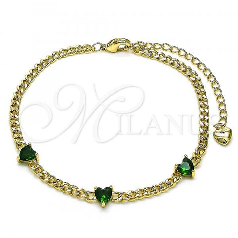 Oro Laminado Fancy Bracelet, Gold Filled Style Heart and Miami Cuban Design, with Green Cubic Zirconia, Polished, Golden Finish, 03.213.0184.2.07