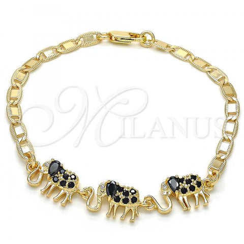 Oro Laminado Fancy Bracelet, Gold Filled Style Elephant Design, with Black and White Cubic Zirconia, Polished, Golden Finish, 03.63.1990.2.08
