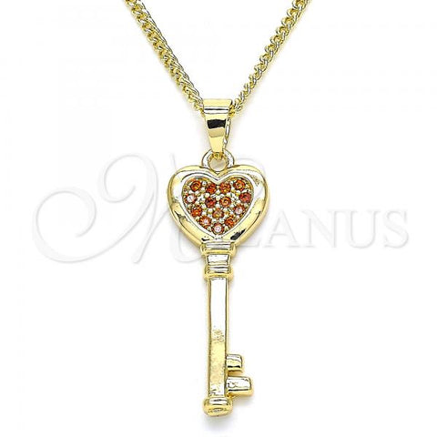 Oro Laminado Pendant Necklace, Gold Filled Style key and Heart Design, with Garnet Micro Pave, Polished, Golden Finish, 04.344.0013.1.20