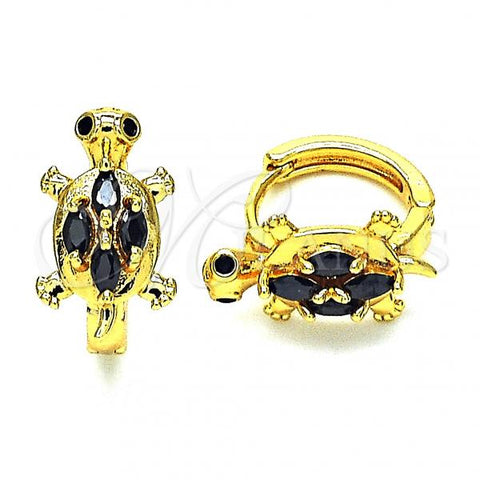 Oro Laminado Huggie Hoop, Gold Filled Style Turtle Design, with Black Cubic Zirconia, Polished, Golden Finish, 02.210.0712.2.12