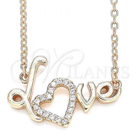Sterling Silver Pendant Necklace, Love and Heart Design, with White Cubic Zirconia, Polished, Rose Gold Finish, 04.336.0185.1.16