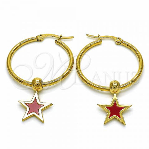 Stainless Steel Medium Hoop, Star Design, Red Enamel Finish, Golden Finish, 02.364.0007.1.30