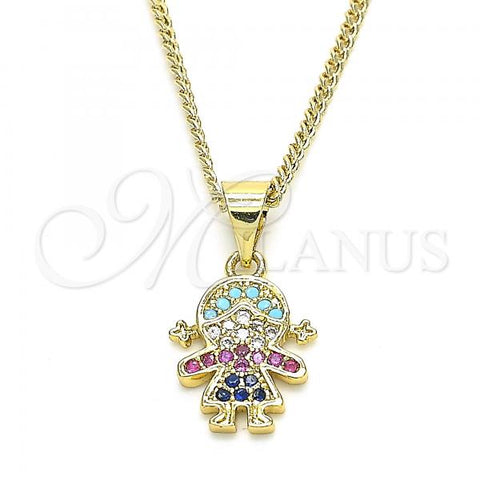 Oro Laminado Pendant Necklace, Gold Filled Style Little Girl Design, with Multicolor Cubic Zirconia, Polished, Golden Finish, 04.341.0016.20
