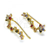 Oro Laminado Earcuff Earring, Gold Filled Style Flower Design, with Multicolor Micro Pave, Polished, Golden Finish, 02.210.0702.1