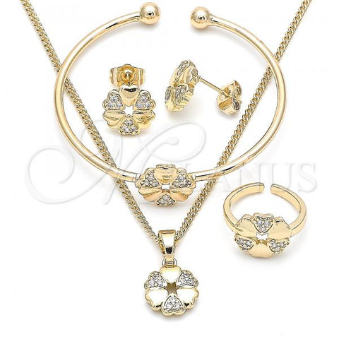 Oro Laminado Earring and Pendant Children Set, Gold Filled Style Flower and Heart Design, with White Cubic Zirconia, Polished, Golden Finish, 06.210.0018.1