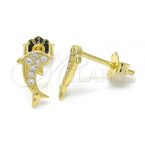 Sterling Silver Stud Earring, Dolphin Design, with White Micro Pave, Polished, Golden Finish, 02.174.0071