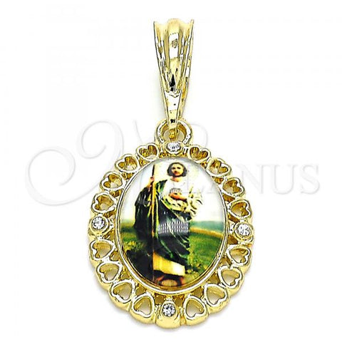 Oro Laminado Religious Pendant, Gold Filled Style San Judas and Heart Design, with White Crystal, Polished, Golden Finish, 05.380.0145