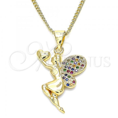 Oro Laminado Pendant Necklace, Gold Filled Style Angel and Heart Design, with Multicolor Micro Pave, Polished, Golden Finish, 04.156.0322.3.20