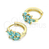 Oro Laminado Huggie Hoop, Gold Filled Style Leaf Design, with Aqua Blue Cubic Zirconia, Polished, Golden Finish, 02.210.0649.2.15