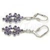 Rhodium Plated Long Earring, Leaf Design, with Amethyst and White Cubic Zirconia, Polished, Rhodium Finish, 02.205.0057.8