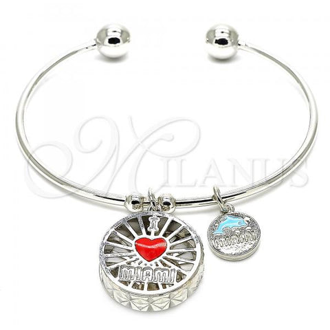 Rhodium Plated Individual Bangle, Heart and Dolphin Design, with White Cubic Zirconia, Red Enamel Finish, Rhodium Finish, 07.106.0003.1 (02 MM Thickness, One size fits all)