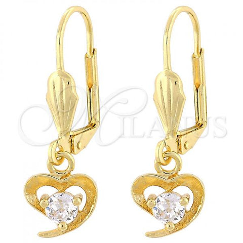 Oro Laminado Dangle Earring, Gold Filled Style Heart Design, with White Cubic Zirconia, Polished, Golden Finish, 02.63.2454