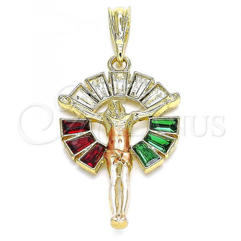Oro Laminado Religious Pendant, Gold Filled Style Jesus Design, with Multicolor Crystal, Polished, Tricolor, 05.380.0062