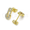 Oro Laminado Stud Earring, Gold Filled Style Paperclip Design, with White Micro Pave, Polished, Golden Finish, 02.342.0127