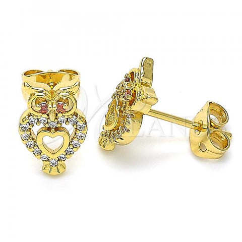 Oro Laminado Stud Earring, Gold Filled Style Owl and Heart Design, with Ruby Cubic Zirconia and White Crystal, Polished, Golden Finish, 02.342.0061