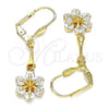 Oro Laminado Long Earring, Gold Filled Style Flower Design, with White Cubic Zirconia, Polished, Golden Finish, 02.387.0050
