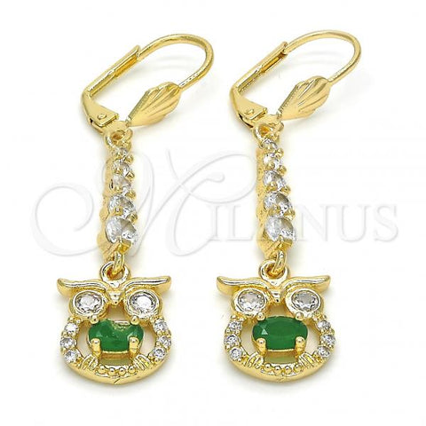 Oro Laminado Long Earring, Gold Filled Style Owl Design, with Green and White Cubic Zirconia, Polished, Golden Finish, 02.210.0210.1