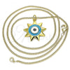 Oro Laminado Pendant Necklace, Gold Filled Style Evil Eye and Sun Design, Turquoise Enamel Finish, Golden Finish, 04.313.0059.20