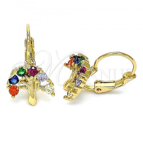 Oro Laminado Leverback Earring, Gold Filled Style Tree Design, with Multicolor Cubic Zirconia, Polished, Golden Finish, 02.210.0383.3