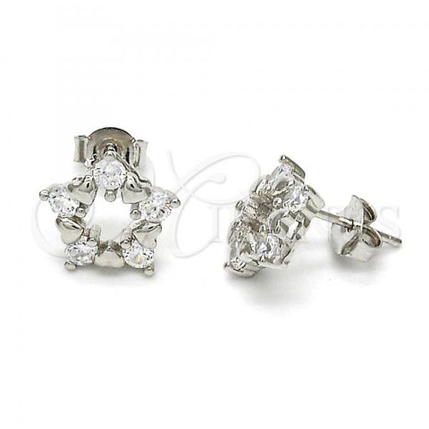 Sterling Silver Stud Earring, Star and Heart Design, with White Cubic Zirconia, Polished, Rhodium Finish, 02.285.0027