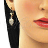 Oro Laminado Dangle Earring, Gold Filled Style Owl Design, with White Micro Pave, Polished, Golden Finish, 02.210.0456