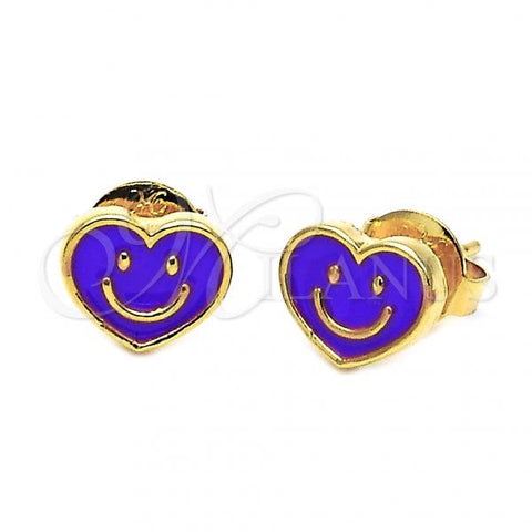 Oro Laminado Stud Earring, Gold Filled Style Heart and Smile Design, Enamel Finish, Golden Finish, 02.64.0238 *PROMO*