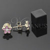 Oro Laminado Stud Earring, Gold Filled Style Flower Design, with White Crystal, Pink Enamel Finish, Golden Finish, 02.64.0321