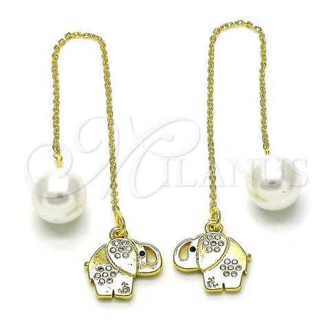 Oro Laminado Threader Earring, Gold Filled Style Elephant and Rolo Design, with White Micro Pave, Polished, Golden Finish, 02.196.0124