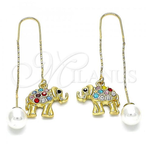 Oro Laminado Threader Earring, Gold Filled Style Elephant Design, with Multicolor Crystal, Polished, Golden Finish, 02.380.0089