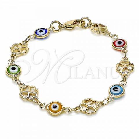 Oro Laminado Fancy Bracelet, Gold Filled Style Evil Eye and Four-leaf Clover Design, Multicolor Resin Finish, Golden Finish, 03.326.0011.06