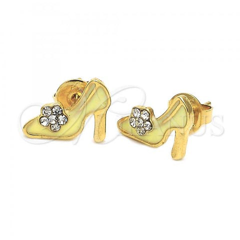 Oro Laminado Stud Earring, Gold Filled Style Shoes and Flower Design, with White Crystal, Yellow Enamel Finish, Golden Finish, 02.64.0210 *PROMO*