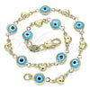 Oro Laminado Fancy Anklet, Gold Filled Style Evil Eye and Heart Design, Turquoise Resin Finish, Golden Finish, 03.326.0008.3.10