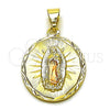 Oro Laminado Religious Pendant, Gold Filled Style Guadalupe Design, Diamond Cutting Finish, Tricolor, 05.120.0101