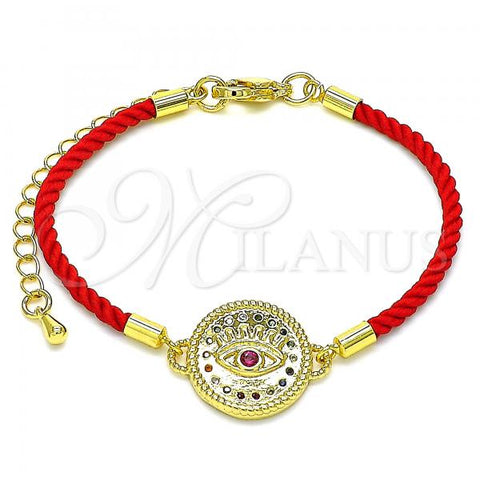 Oro Laminado Fancy Bracelet, Gold Filled Style Evil Eye Design, with Ruby Cubic Zirconia and Multicolor Micro Pave, Polished, Golden Finish, 03.381.0012.06