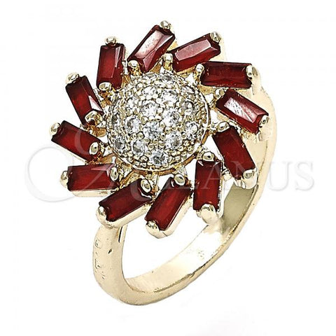 Oro Laminado Multi Stone Ring, Gold Filled Style Flower Design, with Ruby and White Cubic Zirconia, Polished, Golden Finish, 01.210.0105.1.07 (Size 7)