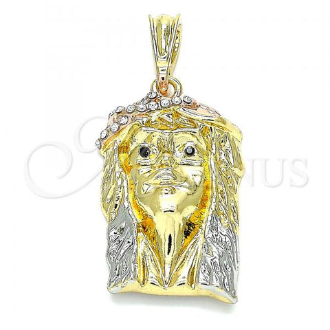 Oro Laminado Religious Pendant, Gold Filled Style Jesus Design, with White and Black Crystal, Polished, Tricolor, 05.380.0071