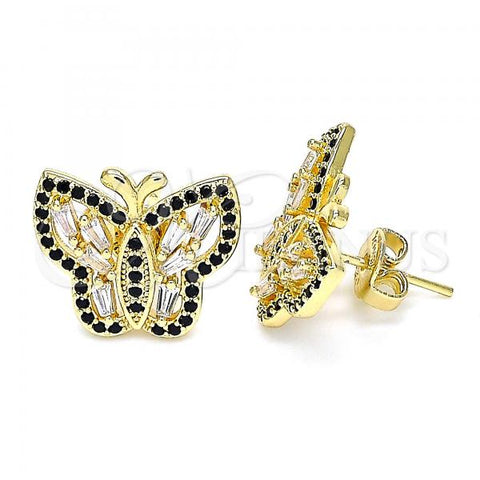Oro Laminado Stud Earring, Gold Filled Style Butterfly Design, with White and Black Micro Pave, Polished, Golden Finish, 02.156.0410