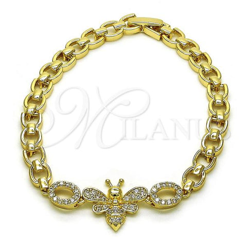 Oro Laminado Fancy Bracelet, Gold Filled Style Bee Design, with White Micro Pave, Polished, Golden Finish, 03.283.0324.07