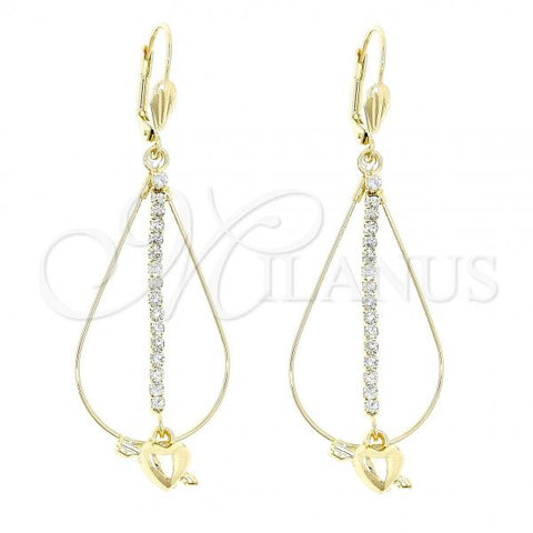Oro Laminado Long Earring, Gold Filled Style Heart Design, with White Cubic Zirconia, Polished, Golden Finish, 5.116.014