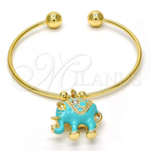 Oro Laminado Individual Bangle, Gold Filled Style Elephant Design, with White Crystal, Turquoise Enamel Finish, Golden Finish, 07.179.0002.2 (02 MM Thickness, One size fits all)